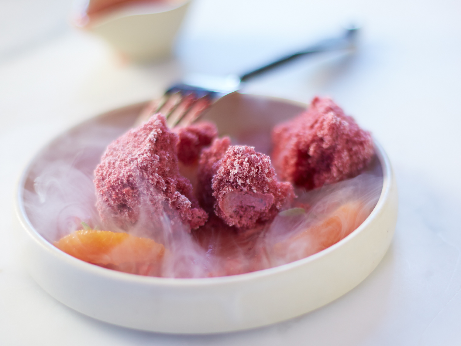 frozen strawberry sorbet in small white dish San Francisco food photographer