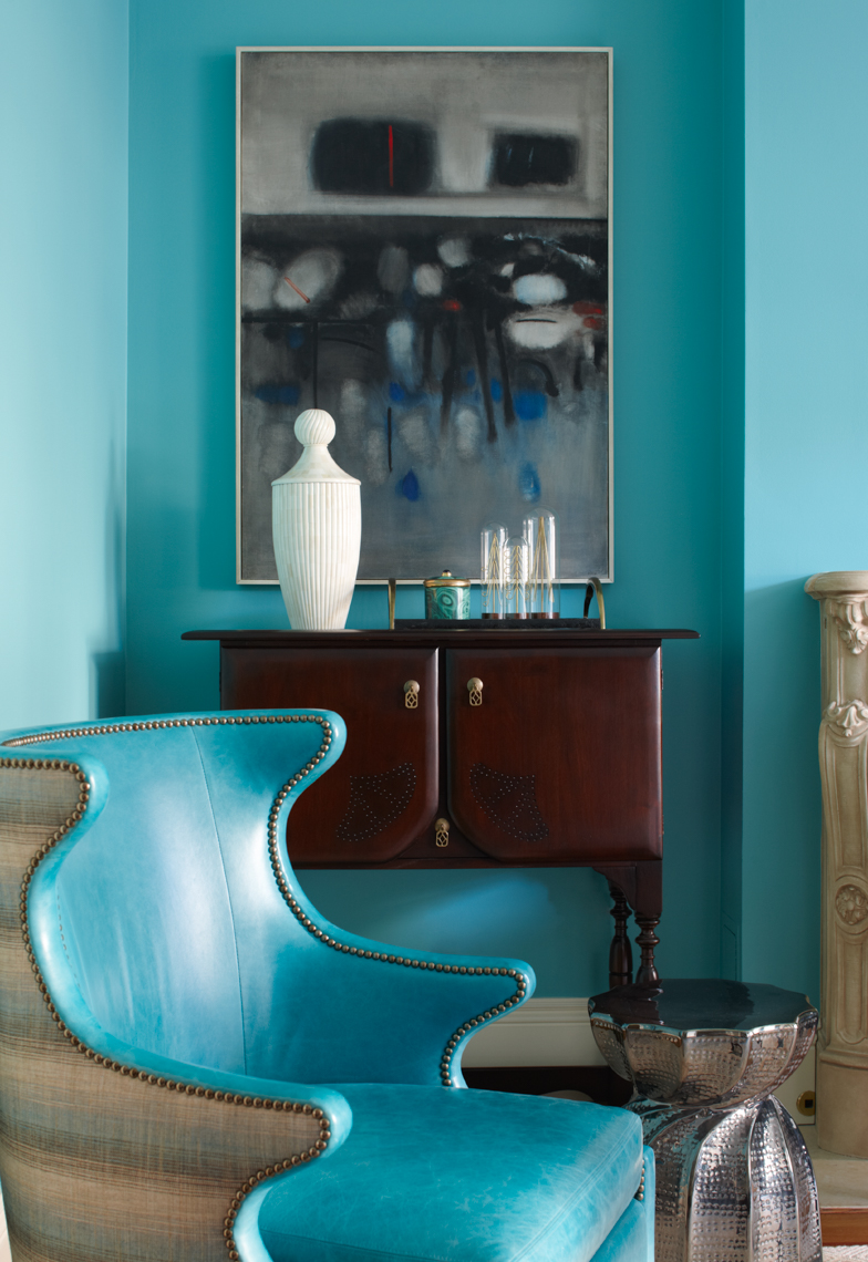 blue living room with blue armchair San Francisco interior photographer