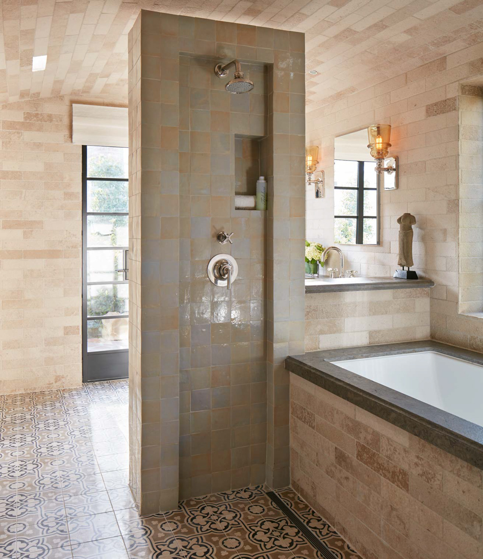 bathroom interior with grey tiles and white bathtub San Francisco interior photographer