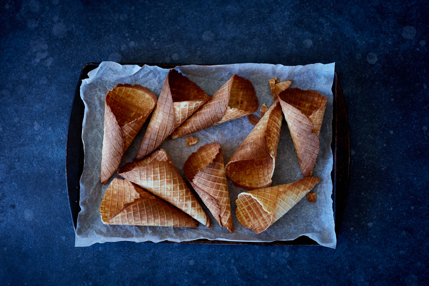 fresh waffle cones on baking sheet San Francisco food photographer