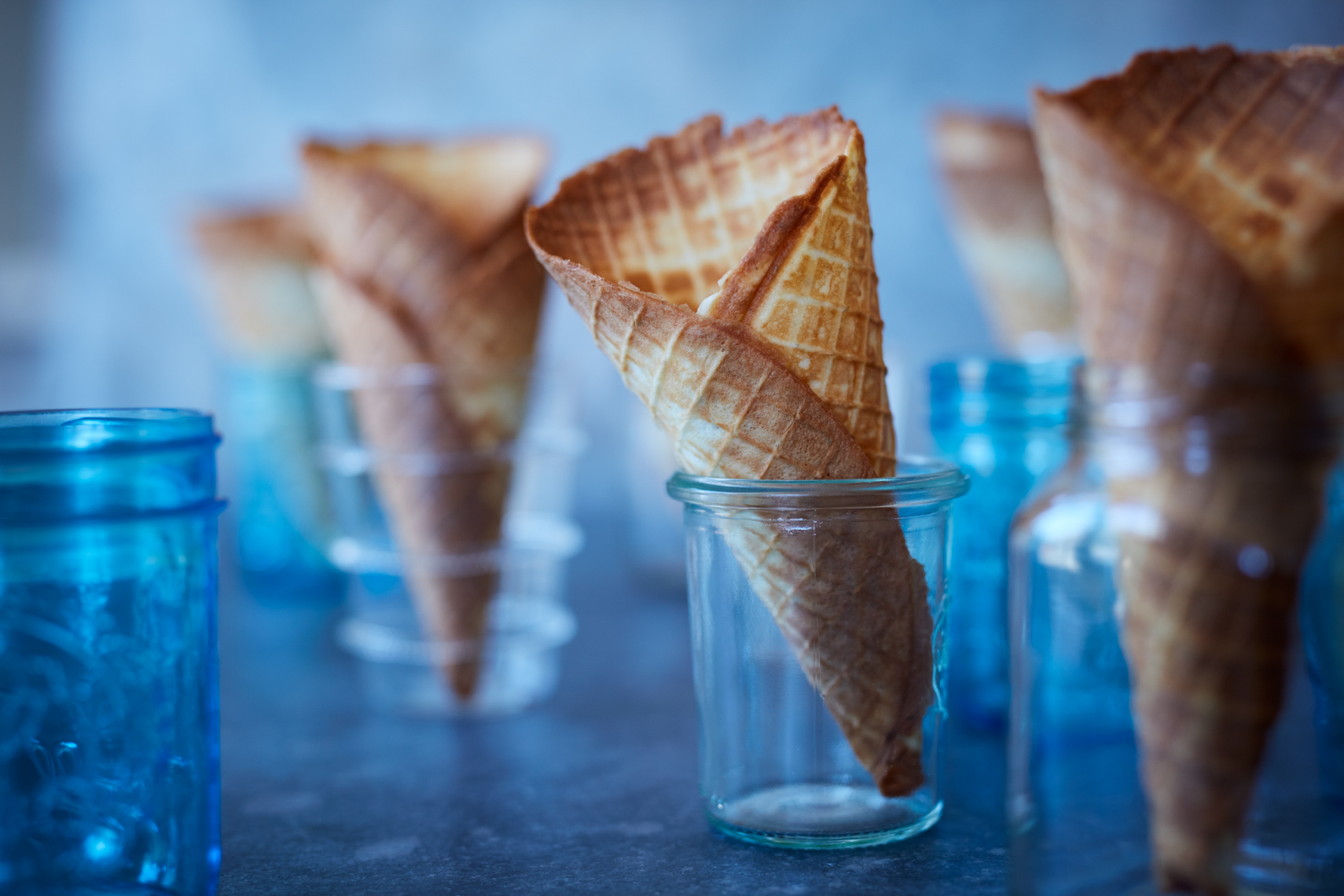 waffle cones in clear blue jars San Francisco food photographer