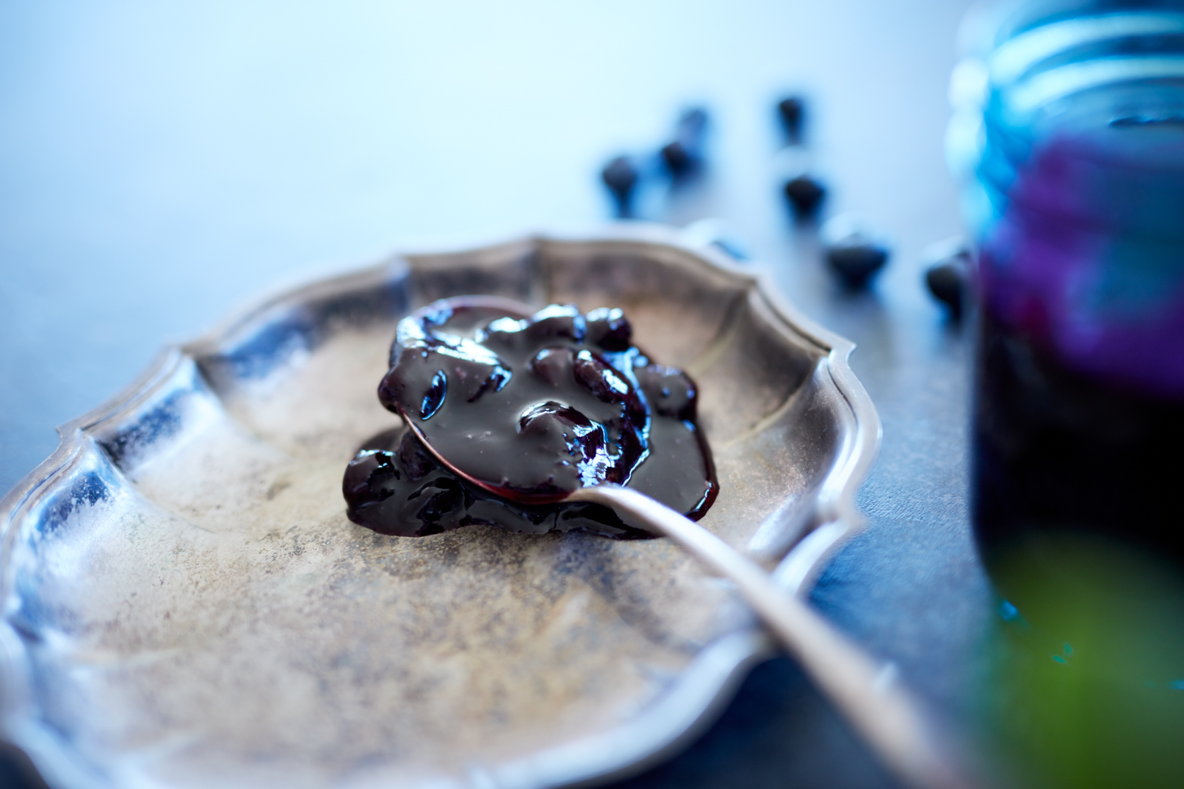 blueberry compote sauce with spoon on silver serving tray San Francisco food photographer
