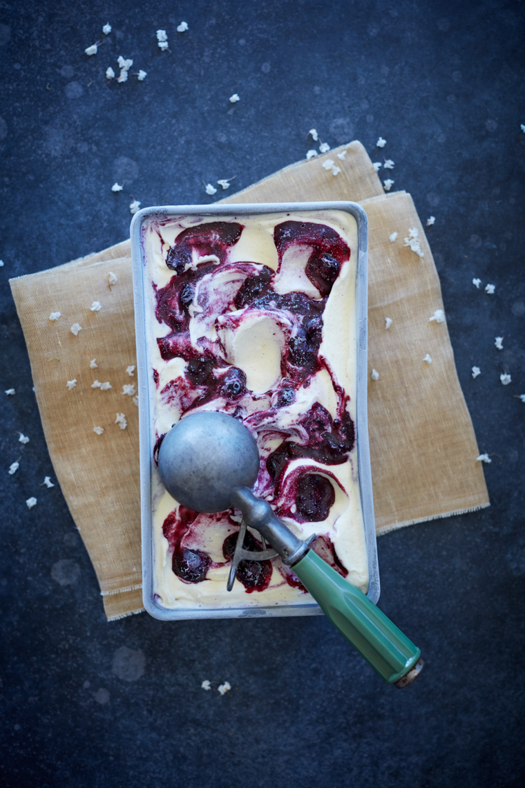 metal tub of blueberry ice cream with old-fashioned scooper San Francisco food photographer