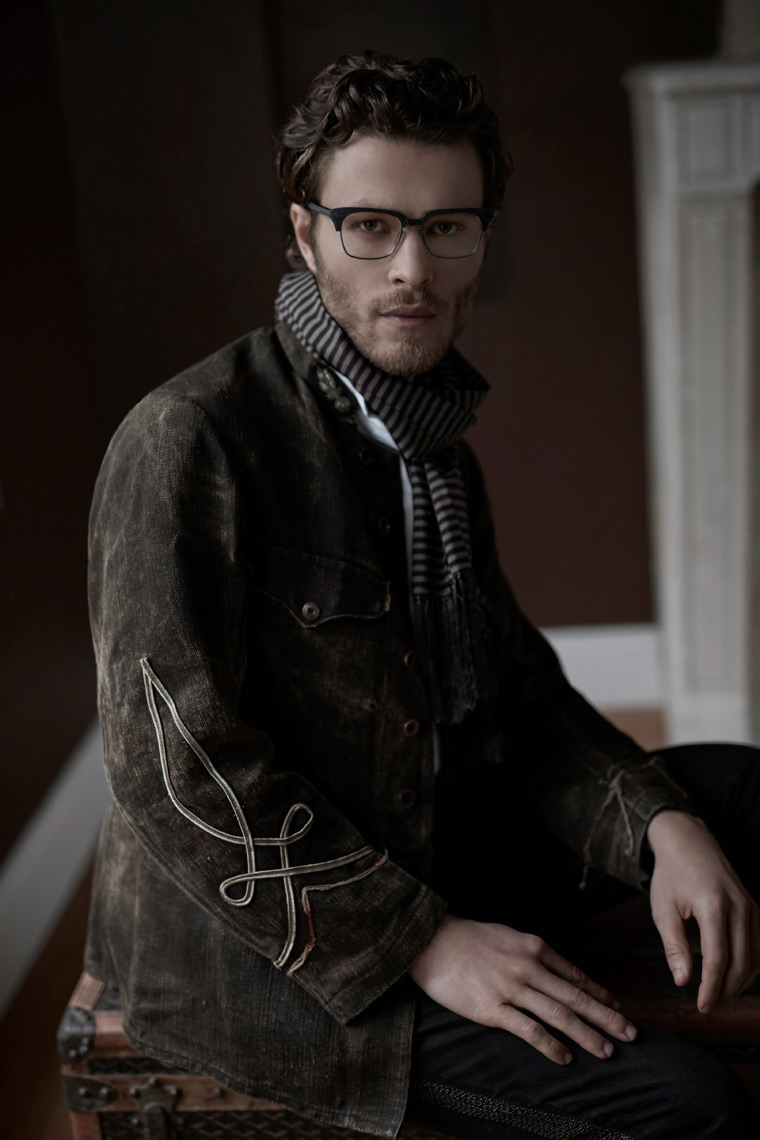 man wearing dark leather glasses and scarf with matching frames San Francisco fashion photographer
