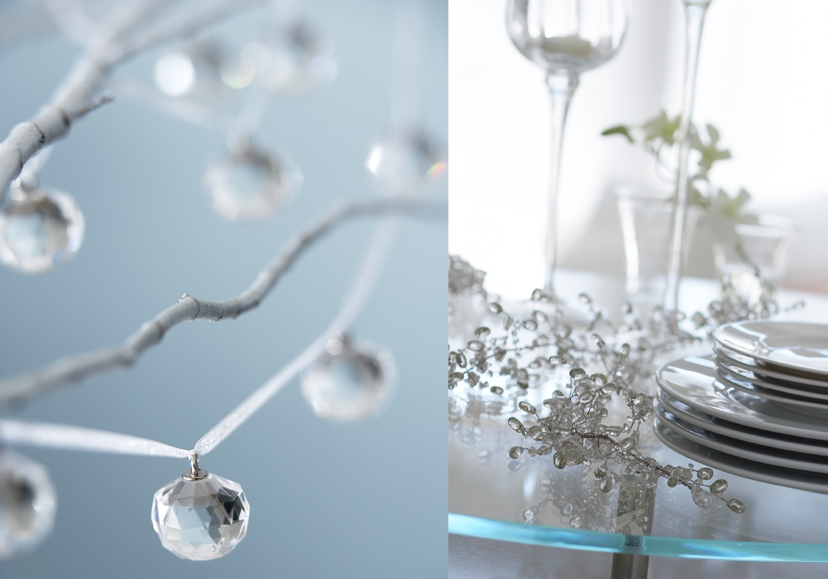 string of crystals on branch next to glass table with crystal decorations and kitchenware San Francisco interior photographer