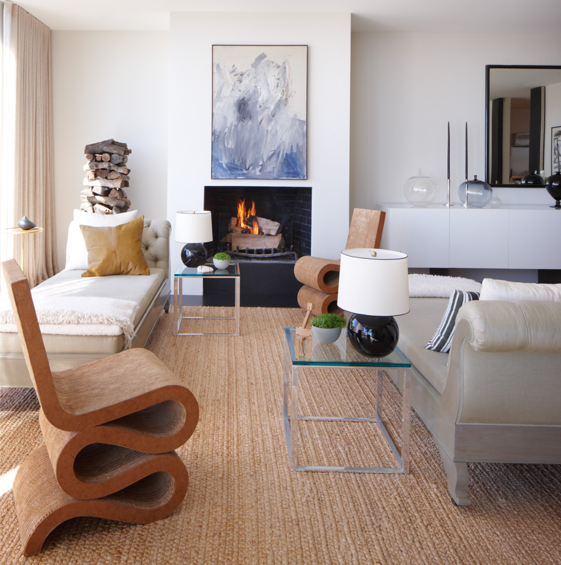 modern home interior with 2 lounge sofas surrounding fireplace San Francisco interior photographer