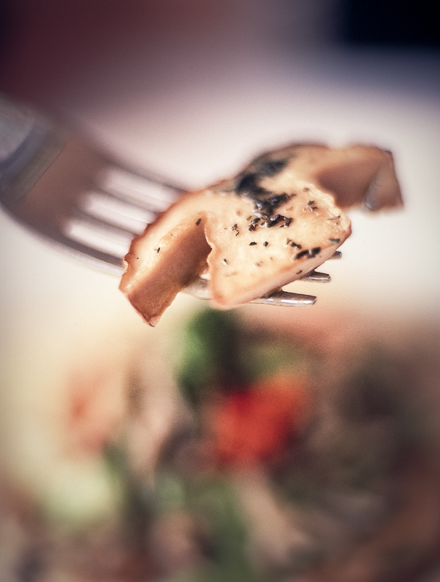 sautéed mushroom on a fork up close San Francisco food photographer